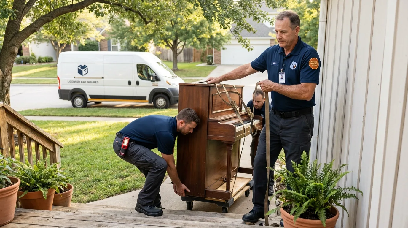 Licensed piano movers securing grand piano in Reed City, MI