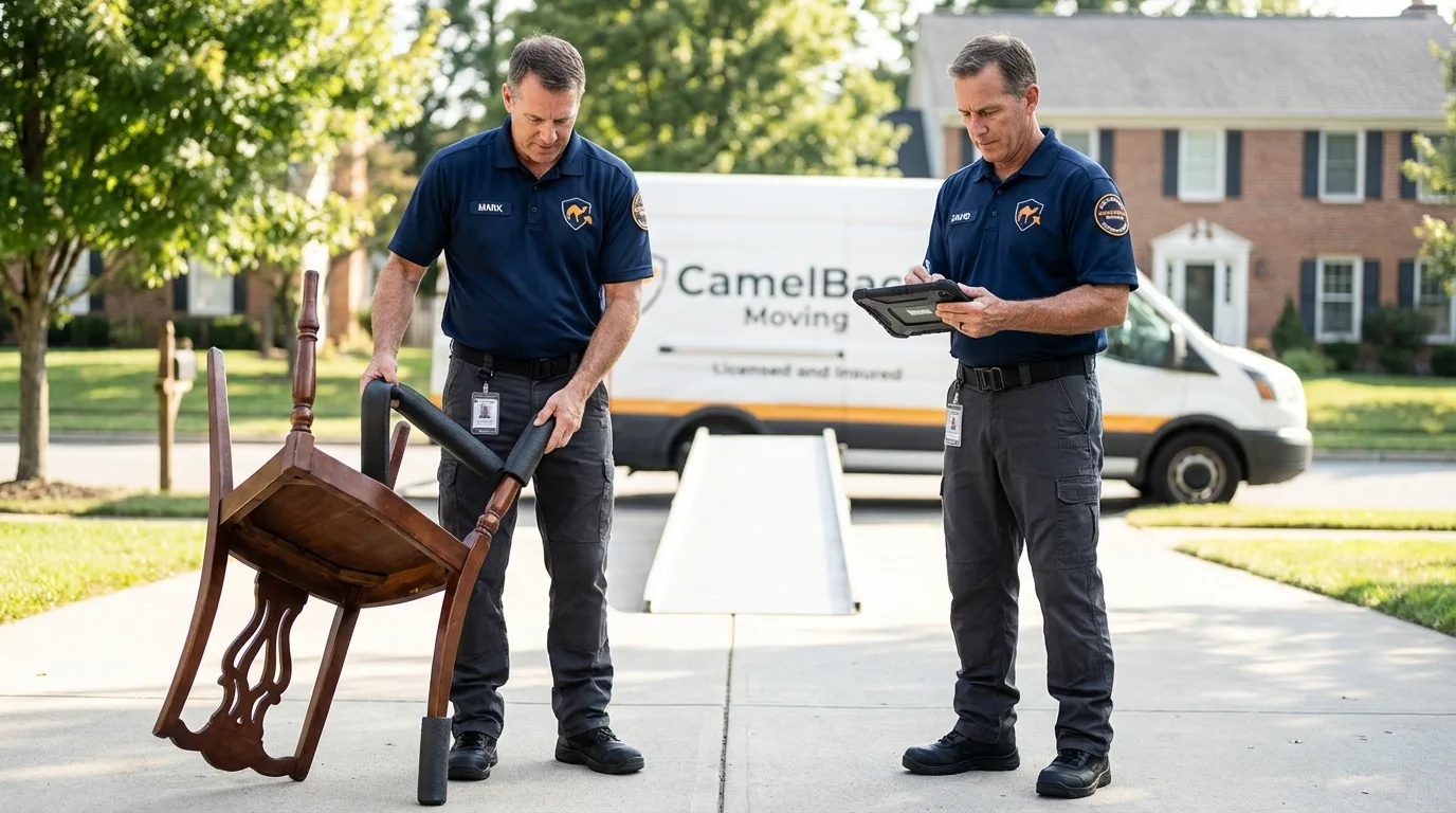 Movers inspecting furniture for damage prevention before loading in Reed City, MI