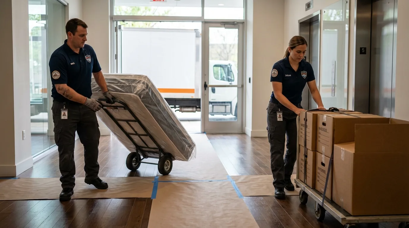 Professional apartment movers loading elevator in Reed City, MI